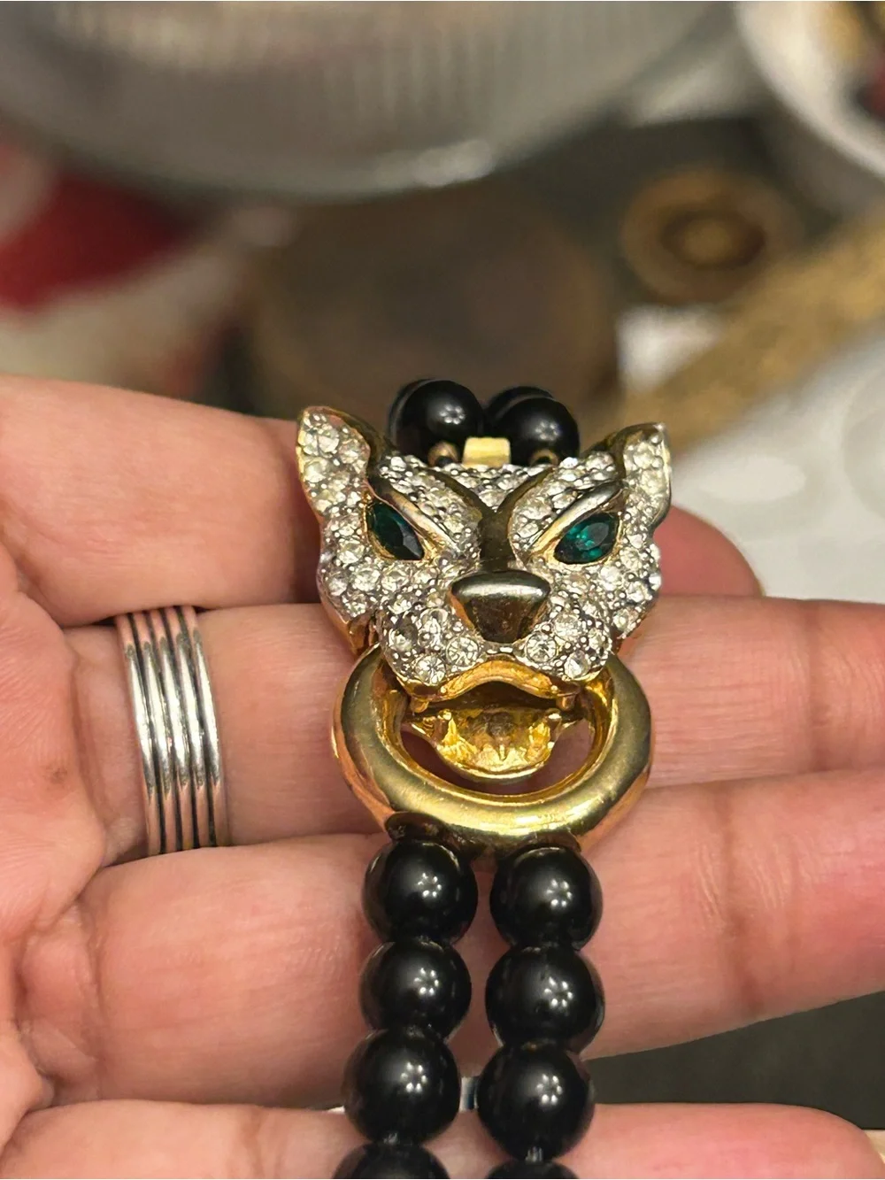 Vintage Rhinestone Green Eyes Panther with Black Beaded Double-Strand Necklace